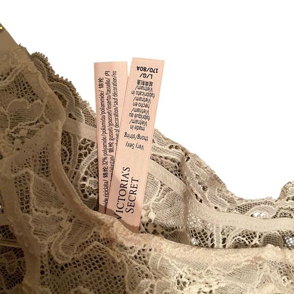Victoria’s Secret Women’s L Double Shine‎ Rhinestone Strap Lace Thong White New - Picture 7 of 8